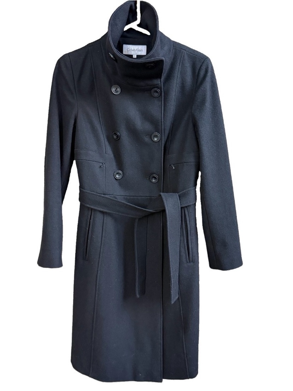 Calvin Klein Wool Blend Collared Double Breasted Overcoat Black Size 4 CWS8552S